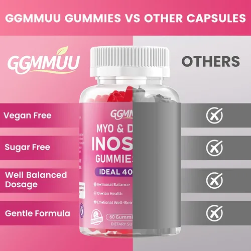 Vista 7 de Paquete de 2 gomitas de mio-inositol y D-Chiro inositol para mujeres de 2000 mg + 50 mg de proporción ideal 40:1 con vitamina D3, glicinato