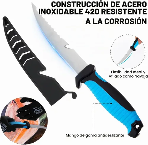Vista 4 de RoundFunny Kit de herramientas de pesca de 10 piezas, alicates de pesca con cordón y fundas protectoras, salabre, cuchillo de filete, balanza