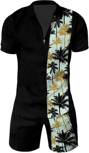 Vista 3 de Conjunto deportivo de 2 piezas para hombre, camiseta polo y pantalón corto, con cremallera de un cuarto, casual, elegante, grande y alto