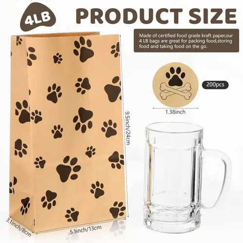 Vista 2 de Meanplan - 200 bolsas de papel con huella de papel para perros, bolsas a granel para almuerzo, aperitivos, pan, dulces, sándwich, palomitas de maíz
