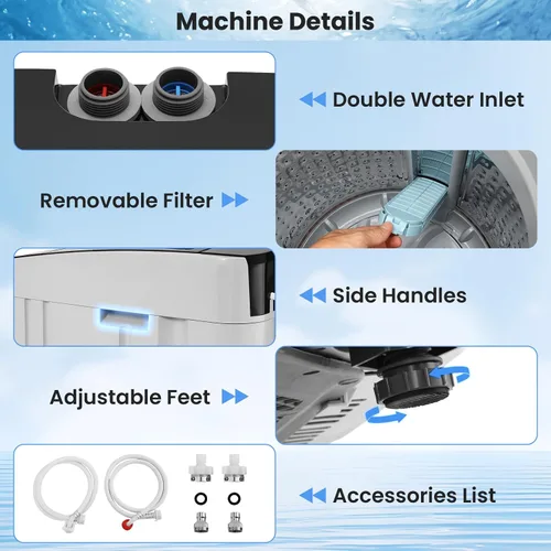 Vista 7 de Nictemaw Lavadora portátil de 20 libras, lavadora de carga superior completamente automática de 2.8 pies cúbicos con 4 programas, 4 niveles de agua