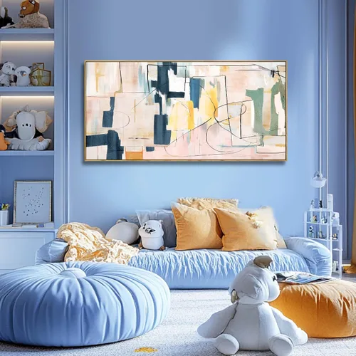 Vista 2 de Artexist Arte de Pared de Lienzo Abstracto Grande Pintura Rosa Decoración de Dormitorio Amarillo Arte Azul Marino Impresiones de Arte Fotográficas