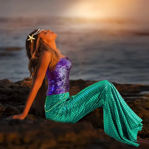 Vista 5 de Newcotte 4 piezas de disfraz de sirena para mujer, falda de tubo de lentejuelas, cintura de perla y cadena para la cabeza para Halloween Cosplay