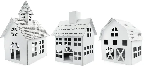 Vista 10 de AuldHome Design Casas de lata decorativas de granja (juego de 3, blanco); linterna de vela decorativa para vacaciones, aldea de Navidad o soporte