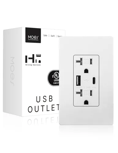 Vista 13 de MOES - Salidas USB (certificadas UL), puertos tipo C y USB-A, carga rápida de 5VDC 4.8A 24W, resistente a manipulaciones, compatible con caja