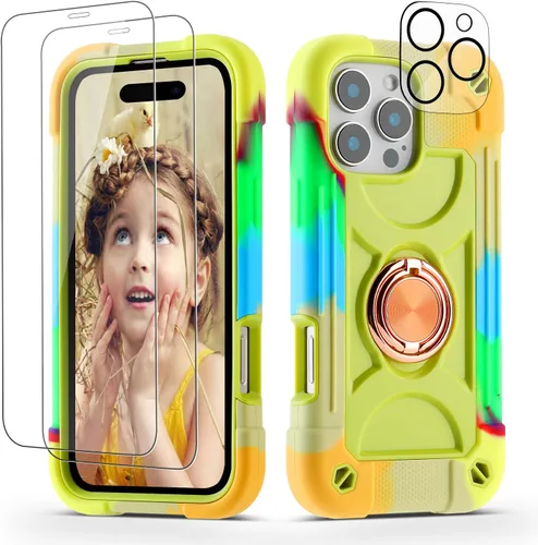 Vista 124 de Funda para iPhone 11 de 6.1 pulgadas con soporte de anillo, con 2 protectores de pantalla de vidrio, resistente a los golpes, resistente a