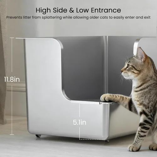 Vista 3 de Caja de arena de acero inoxidable de 11.8 pulgadas de alto, caja de arena de metal XL para gatos, inodoro para mascotas con apertura de esquina
