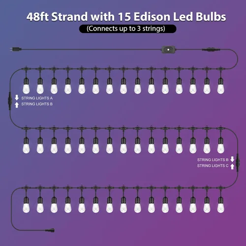 Vista 9 de Mlambert Luces de patio al aire libre de 48 pies, impermeables, regulables con control remoto, cadena de luces LED RGB Cafe con 15 bombillas Negro
