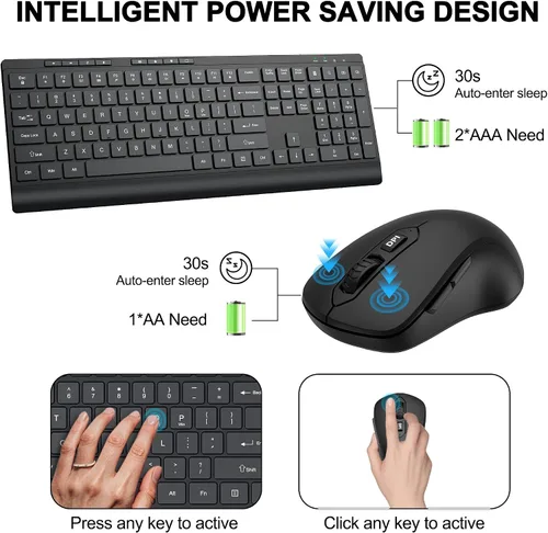 Vista 3 de Combo de teclado y mouse inalámbricos, teclado de computadora silencioso de tamaño completo y ratones inalámbricos con 3 DPI ajustables, 2.4G sin