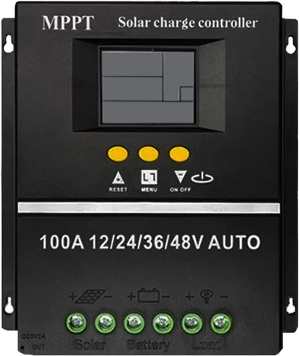Vista 5 de Controlador de carga solar MPPT 100A, 12/24/36/48V, pantalla LCD, USB dual, negro