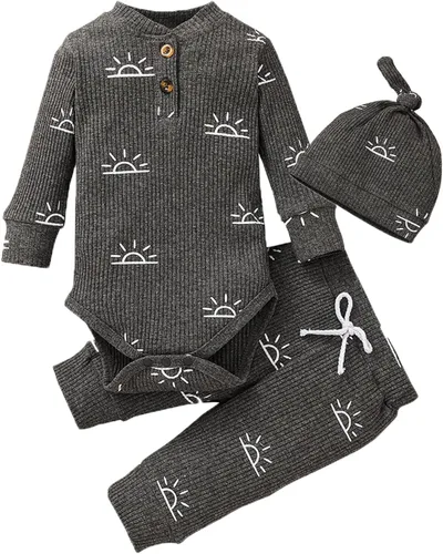Vista 105 de Conjunto de 3 piezas de ropa de bebé recién nacido con estampado de manga larga + pantalones + sombrero