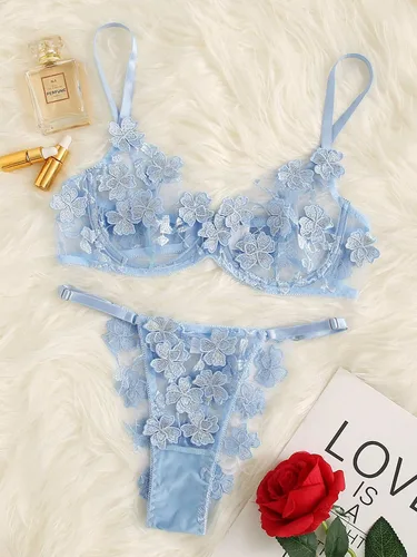 Vista 5 de Floerns Conjunto de lencería sexy con encaje y tanga para mujer