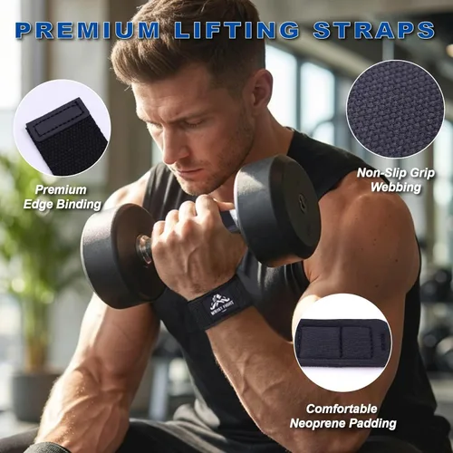 Vista 4 de Juego de muñequeras con doble anillo en D correas de elevación con bolsa de lavado de malla, para entrenamientos de máquina de cable, elevaciones