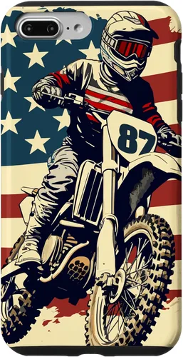 Vista 12 de Funda vintage para iPhone 16 Motocross Rider Dirt Bike con bandera estadounidense