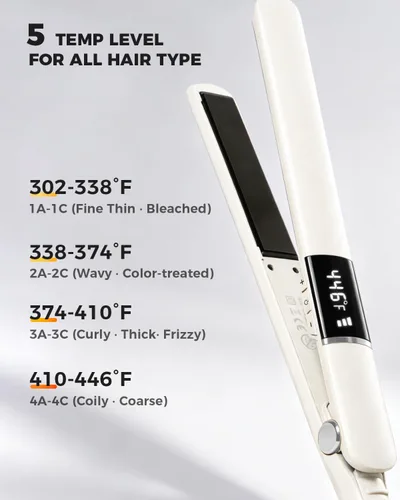 Vista 2 de Plancha de pelo de 1 pulgada para todo tipo de cabello, plancha alisadora de calor rápido para cabello, 5 temperaturas ajustables, apagado Beige