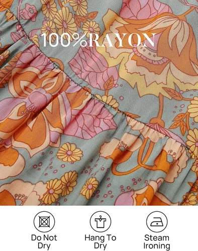 Vista 5 de ZESICA - Vestido de verano largo para mujer, diseño acampanado con cuello cuadrado y volantes, estampado floral y bohemio, para la playa