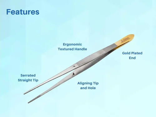 Vista 5 de Pinzas rectas para laboratorio quirúrgico de alta precisión de acero inoxidable de 6 pulgadas, pinzas dentadas con mango chapado en oro, pinzas