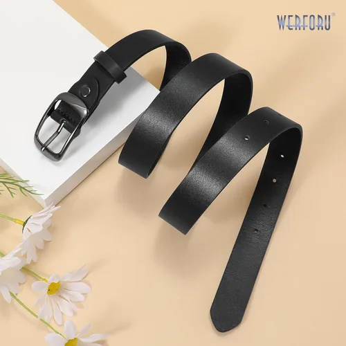 Vista 6 de WERFORU Cinturón de cuero negro para mujer, hebilla pulida de talla grande para pantalones vaqueros