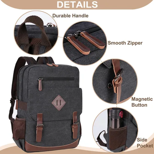 Vista 4 de CROCOD Mochila de lona para laptop de 15.6 pulgadas, mochila de viaje vintage para hombres y mujeres, bolsa de computadora para trabajo, negocios