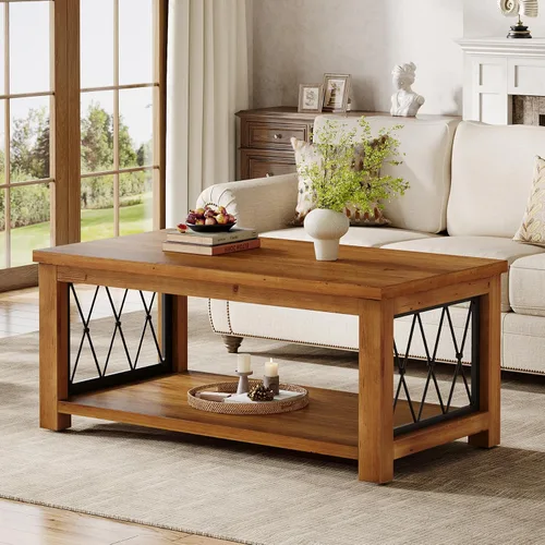 Vista 3 de Mesa auxiliar de madera maciza de 47.2 pulgadas, diseño de almacenamiento de 2 niveles, mesa de cóctel central rectangular de granja, marco de metal
