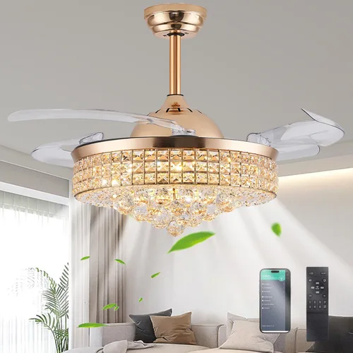 Vista 9 de Ventilador de Techo de Araña de Cristal de 48", Ventilador de Techo de Araña Retráctil Invisible Moderno con Luces, con Control Remoto