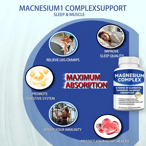 Vista 5 de Complejo de magnesio de 1000 mg con 8 formas: glicinato, citrato, malato, taurato para absorción, apoya hueso, músculo, energía y recuperación