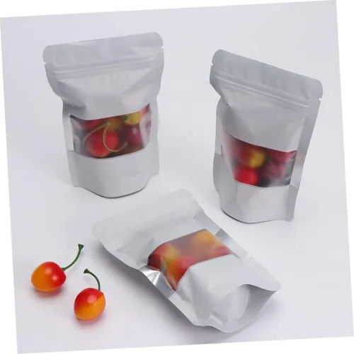 Vista 8 de 100 bolsas aluminizadas con cremallera con ventana transparente, bolsas selladas para alimentos blancos para almacenamiento para frutos secos, té