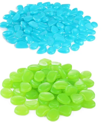 Vista 10 de 340 guijarros de jardín que brillan en la oscuridad, piedras luminosas para jardinería, decoración al aire libre, agua brillante, pecera, grava Azul