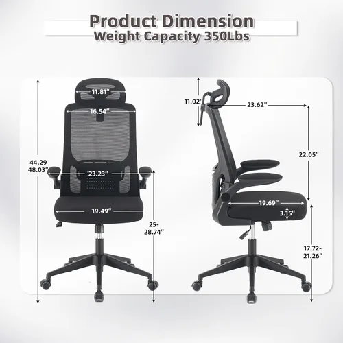Vista 2 de Silla de oficina ergonómica con reposacabezas, silla de escritorio de malla con respaldo alto, soporte lumbar ajustable, silla giratoria