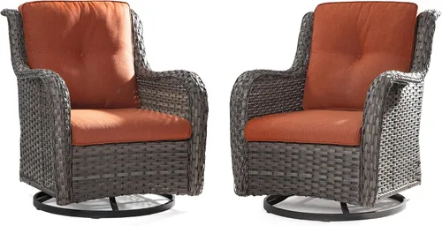 Vista 41 de Juego de 2 sillas de patio giratorias de 360 grados para exteriores y mesa auxiliar a juego – 3 sillas deslizantes de mimbre para patio con cojines