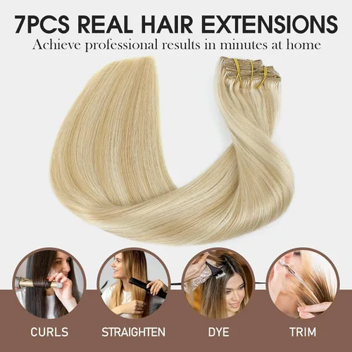 Vista 36 de VINBAO Extensiones de cabello humano con clip, balayage, color marrón ceniza a rubio caramelo, 14 pulgadas, 6 unidades, 3.53 onzas, 6