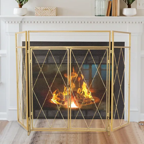 Vista 8 de Pantalla de Chimenea de Doble Puerta 5 en 1 49.6''x 30.7'' Grande 3 Paneles Plegable de Hierro Forjado Independiente Pantalla de Chimenea Rústica