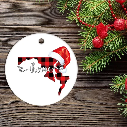 Vista 2 de Adorno de cerámica de Navidad Maryland Home 2022, regalo de vacaciones de Maryland State Buffalo a cuadros recortados 2022, adorno navideño