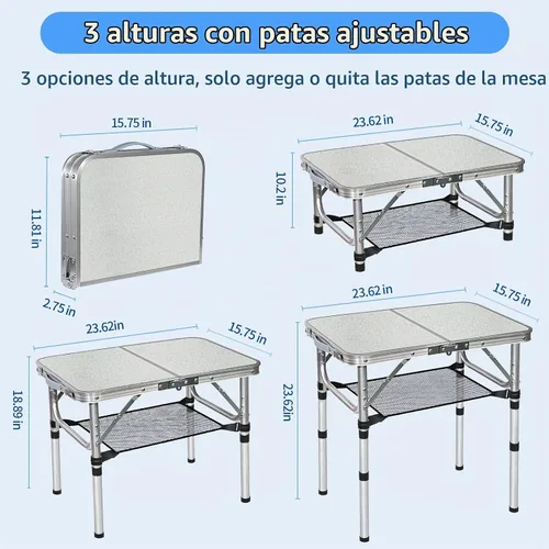 Vista 3 de Mesa plegable pequeña con red de almacenamiento, mesa de campamento plegable portátil de 24 x 16 pulgadas con 3 alturas ajustables, mesa de metal