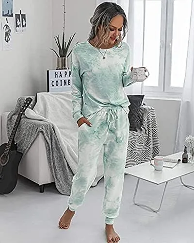 Vista 4 de YYW Conjunto de pijama de dos piezas con bolsillos para mujer, teñido anudado y manga larga