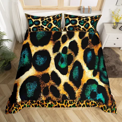 Vista 25 de Feelyou Juego de ropa de cama con estampado de leopardo para niños, tamaño individual, funda de edredón de guepardo safari, funda de edredón de piel
