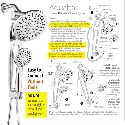 Vista 7 de AquaDance Combo de Spa de Ducha de 48 Modos de 3 Vías de Alta Presión con Brazo Extensible Ajustable de 18 Pulgadas, Níquel Cepillado