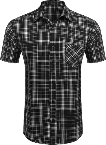 Vista 2 de COOFANDY Camisa de manga corta con botones para hombre, camisa a cuadros, ajuste regular, camisas con botones