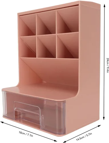 Vista 4 de Wnvivi Organizador de bolígrafo inclinado, soporte para bolígrafo de escritorio, soporte para brochas de maquillaje con cajón, organizador Rosa