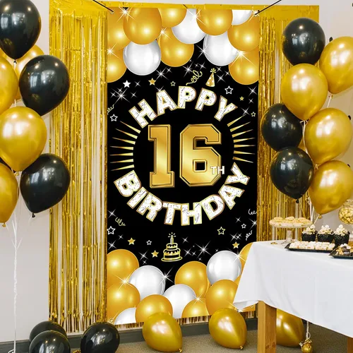 Vista 5 de Decoraciones de feliz cumpleaños número 16 para niños y niñas, pancarta de tela para cumpleaños de 16 años, suministros de fiesta de dieciséis años