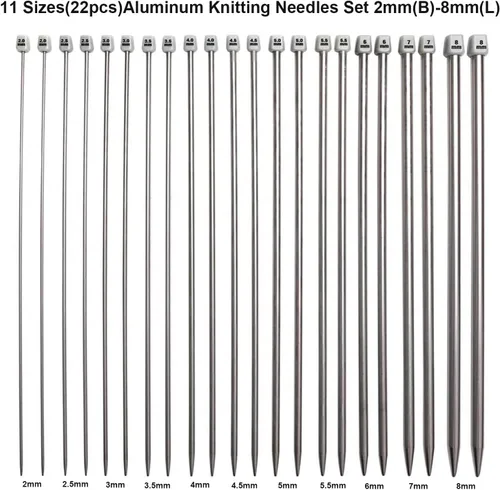 Vista 2 de Mdoker Juego de agujas de tejer de aluminio con estuche, 22 agujas de tejer rectas de un solo punto, agujas de suéter de 13.5 pulgadas de longitud