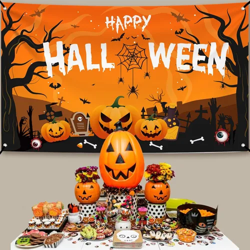 Vista 6 de KatchOn Pancarta extragrande de Feliz Halloween, 72 x 44 pulgadas, telón de fondo espeluznante, decoraciones de fiesta naranja y negro, pancarta