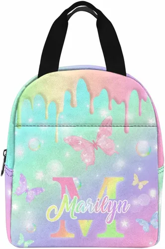 Vista 25 de InterestPrint Bolsa de almuerzo con nombre personalizado para hombres y mujeres, diseño de mariposa rosa y azul personalizada, caja de almuerzo