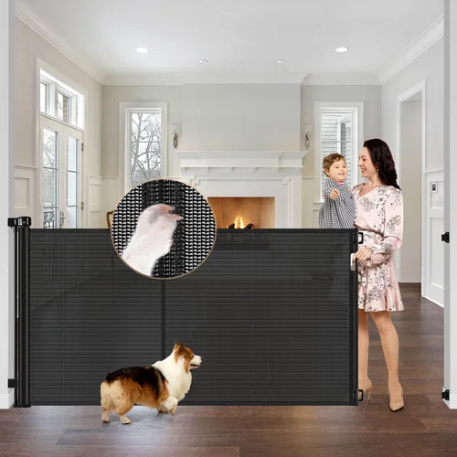 Vista 18 de Puerta Reforzada para Mascotas Extra Alta de 42" y Puerta Retráctil para Bebés de 55" de Ancho con Varillas de Soporte - Puerta Retráctil para Negro