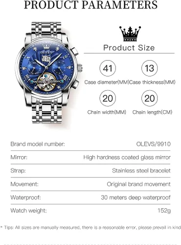 Vista 6 de OLEVS - Reloj automático para hombre con diseño de esqueleto de 5 manecillas, clásico, de lujo, multicalendario, de acero inoxidable, impermeable