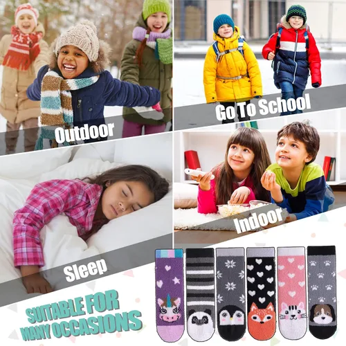 Vista 6 de LINEMIN Calcetines peludos para niños y niñas con agarres, antideslizantes, calcetines acogedores y esponjosos para invierno, calcetines cálidos