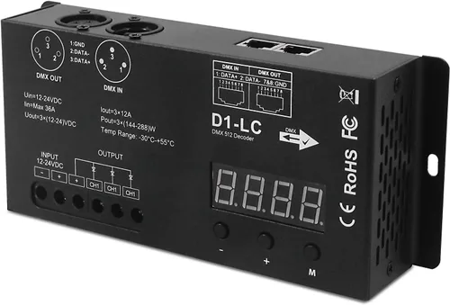 Vista 2 de Controlador LED DMX de alta potencia DMX 512 Decodificador Dimmer Driver DC12V-24V para tira led rgb o luces (1 canal de un solo color (actualizado))
