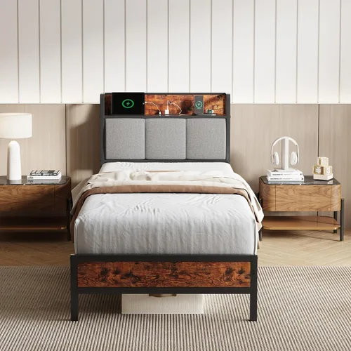 Vista 10 de Novilla Base de cama Queen con estación de carga USB/tipo C y cabecera de almacenamiento, marco de cama de plataforma de metal moderno, fácil