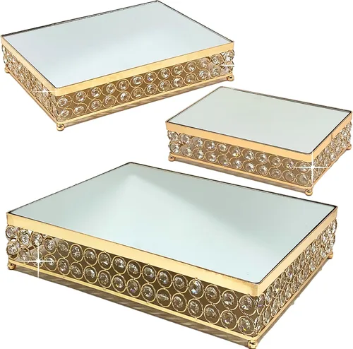 Vista 5 de allgala Juego de 3 piezas de soporte para pasteles de cristal chapado en oro para queso, postres, magdalenas con placa de espejo - Gold