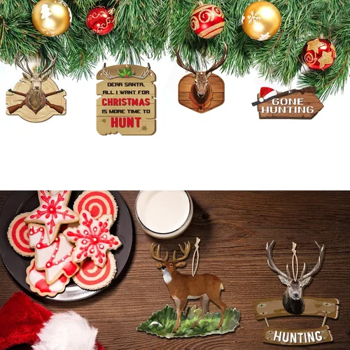 Vista 7 de Amyhill 30 adornos de árbol de Navidad de madera para caza, ciervos, caza, adornos decorativos para colgar con pistola, adorno de Navidad, bosque
